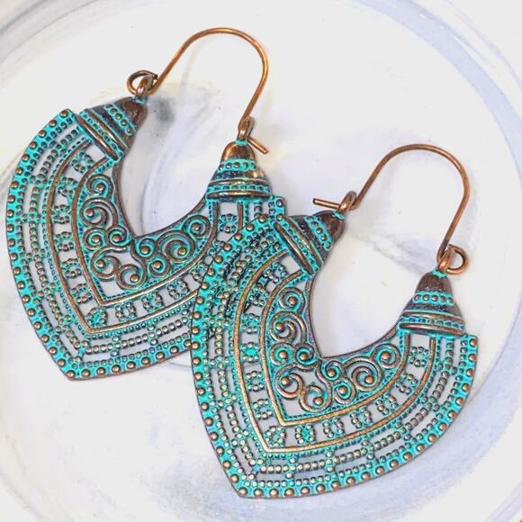 New Native Boho Aztec Turquoise Patina Earrings Hoop Tribal Ornate Rustic - Picture 1 of 4